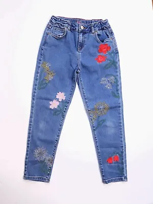 Mini Boden Floral Embroidered Blue Jeans Colorful Daffodils Tulips Girls 11Y • $34