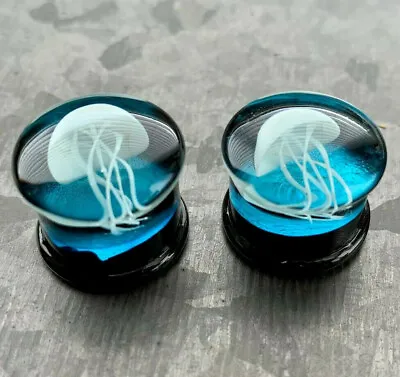 PAIR Jellyfish Design Glass Double Flare Plugs Jelly Fish Gauges Body Jewelry • $13.95