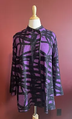 Ming Wang Women's Large Faux Leather Trim Knit Cardigan Sweater Abstract Purple • $69