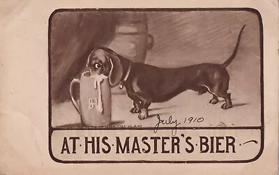 Vintage Humor Postcard - At His Master's Bier - Dachshund Drinking Beer • $4.99