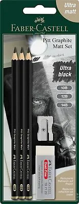 Faber-Castell PITT Graphite Matt Pencils10B/12B/14B & Eraser/Sharpener Bliste... • £9.81