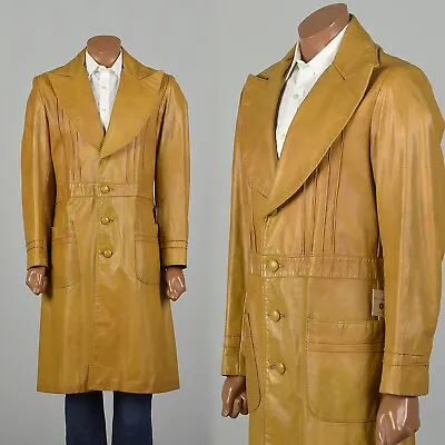 Medium 1970s Trench Coat Huge Lapels Mustard Leather Overcoat Vintage • $300