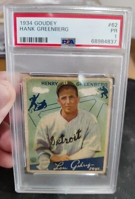 $1049 • Buy 1934 Goudey #62 Hank Greenberg RC PSA 1 HOF Detroit Tigers Centered Jewish GOAT