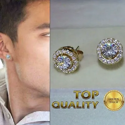 £9.99 • Buy Men's Women Round 10mm Simulated Diamond 18K Yellow Gold Filled Stud Earrings UK