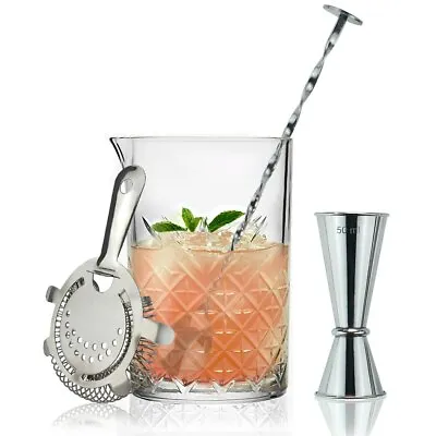 4 Piece Cocktail Mixing Set Glass Pitcher Hawthorne Strainer Jigger Mixing Spoon • £21.95