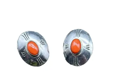 Vintage 3/4  Signed Native American Red Coral Sterling Silver ClipOn Earrings 4g • $18.89