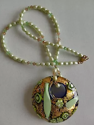 Vintage Cultured Pearls 18  Necklace Millefiori Glass Pendant Gold Filled Clasp  • $17