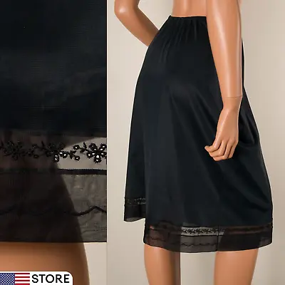 💖 MUNSINGWEAR Black Nylon Half Slip Skirt Eyelet Embroidered Chiffon Lace M • $19.99