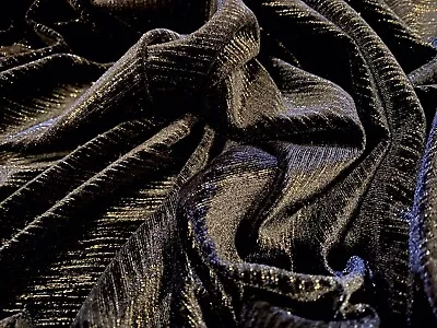 Spandex Velvet Stretch Fabric Per Metre - Black With Gold Slub Stripe • £9.99