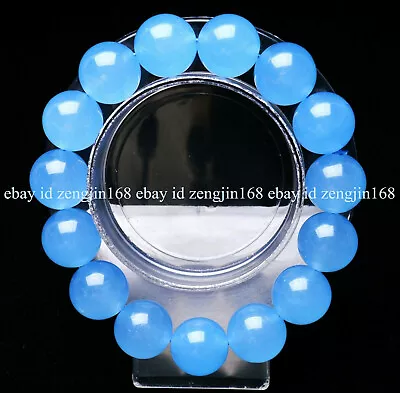 Natural 14mm Blue Chalcedony Gemstone Round Beads Stretchy Bracelet 7.5  AAA+ • $6.42