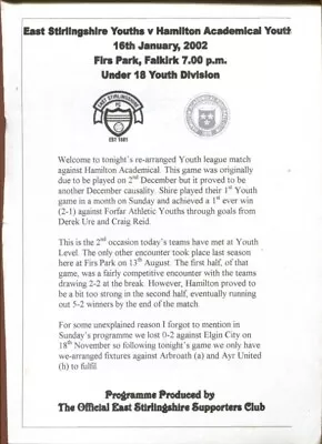 A24 East Stirlingshire V Hamilton Academical 16/01/02 Under 18 Youth Division • £1.75