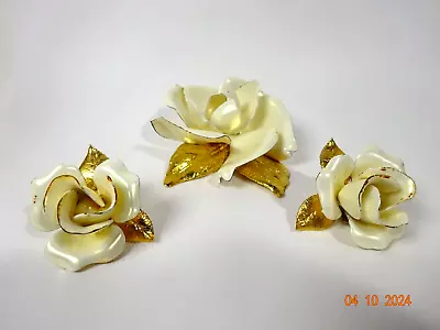 Vintage Ivory Cream Enamel Rose Matching Brooch & Earrings Set • $14.99