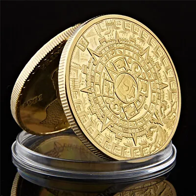 Gold Plated Coin Mexico Azetc Mayan Prophecy Calendar Souvenir Coin Antique • $4.41