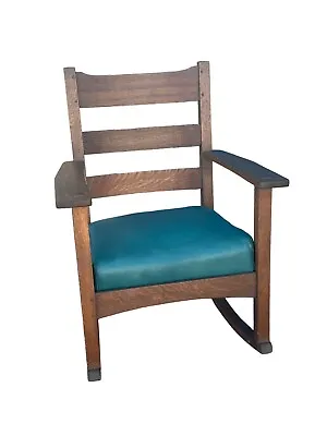 Mission Oak Antique Rocking Chair Leather  Stickley Era Arts & Crafts 1915 Clean • $355