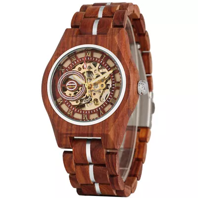 Luxury Men's Automatic Mechanical Wooden Watch Roman Numerals Display Wristwatch • $49.02