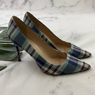 J.Crew Elsie Mixed Plaid Pumps Heels Size 10.5 Blue Purple Point Toe Made Italy • $31.19