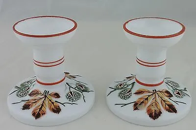 Vintage Bristol Glass Candlestick Holder Pairwhite W/hand Painted Leaves & Nuts • $25.65