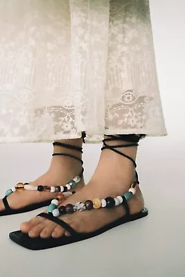 $29.99 • Buy Zara Beaded Wrap Up Sandals Flat Shoes Lace Black Strappy Beach 41 10