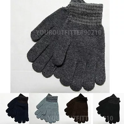 Mens Casual Knit Wool Winter Warm Gloves Plain Solid Striped Black One Size • $5.99