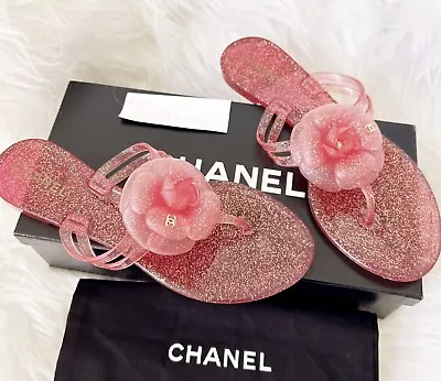 CHANEL Camellia Glitter Pink Jelly Flip Flop Sandals Size 38 • £166.24
