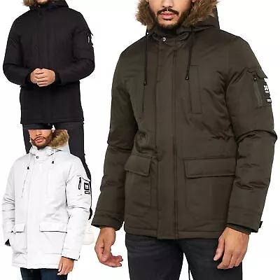 New Crosshatch Mens Heavy Parka Padded Lined Winter Jacket Faux Fur Hooded Coat • £42.99