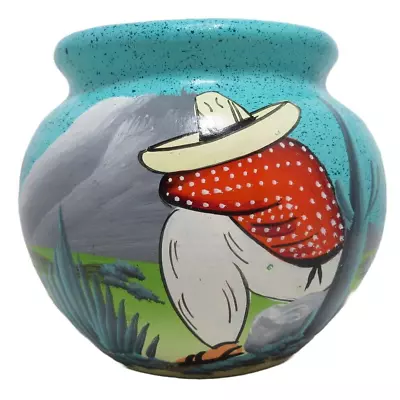 Turquoise Sleeping Siesta Mexican Clay Bean Pot Handpainted Blue Cactus • $50.96