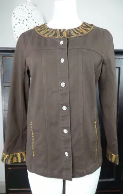 Quacker Factory Womens Small Brown Beaded Cotton Blend Denim Long Sleeve Jacket • $12.99