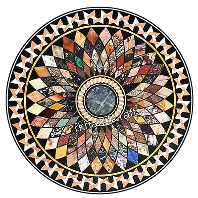 Dining Table Top Geometric Pattern Inlay Work Round Black Marble Reception Table • $5483.25