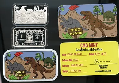 CMG Mint DINO ISLAND 1-OZ Proof .999 Silver Bars W/ COA & Sticker • $89.99