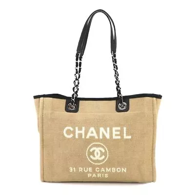 CHANEL Deauville MM Chain Tote Bag Canvas Leather Beige A67001 Purse 90229419 • $2716.49