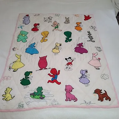 VTG Handmade Disney Babies Quilt Comforter Baby Blanket Mickey Mouse Tweety Bird • $39.99
