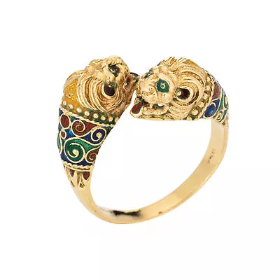 Double Lion Ring Sz 10 18k Yellow Gold Enamel Eyes Bypass Band Animal Jewelry • $1785