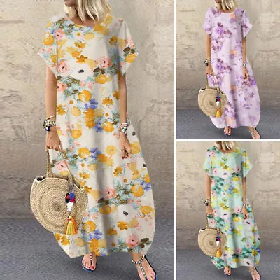 $20.89 • Buy Bohemian Women Summer Short Sleeve Floral Print Casual Holiday Loose Long Dress