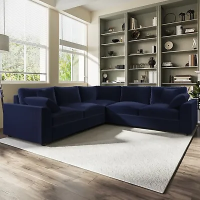 Navy Blue Velvet Corner Sofa Large Foam Filled With Saddle Arms Modern Style • £1089.92