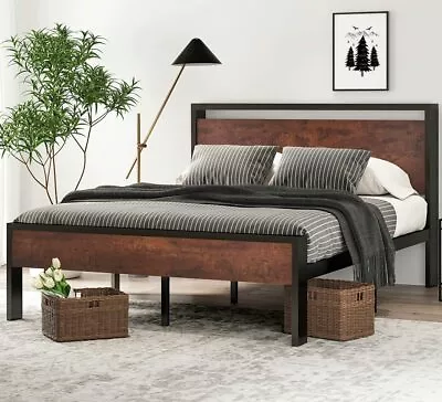 Queen Size Metal Platform Bed Frame With Wooden Headboard FootboardMahogany • $165.99