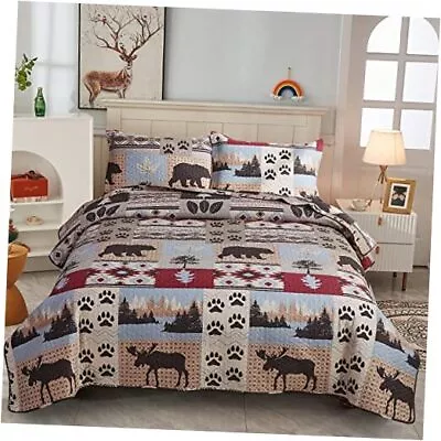  Rustic Quilt Sets SizeLodge Cabin Bedding Moose Bear Print King Black Red • $63.45