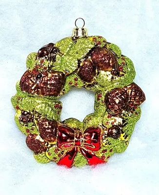 Christmas Wreath Glass Ornament Pinecones Acorns Greenery And Red Bow • $7.99