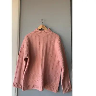 Vintage Y2k Pink Striped Ribbed Mock Neck Turtle Neck 100% Wool Sweater XL • $23