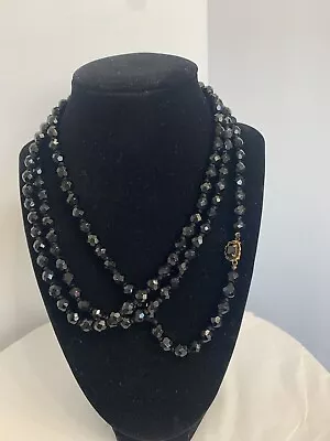 Vintage 55  Flapper Necklace Black French Jet Glass Faceted Beads Handknotted  • $25