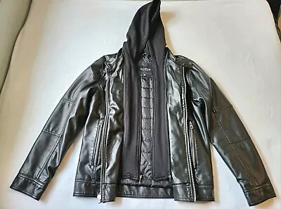 GUESS Men's Faux Leather Hooded Moto Jacket- Black- Size M 40 - 42 Chest • $35