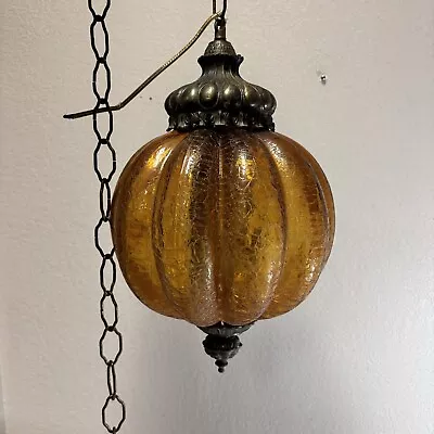 Vintage Orange Glass Globe Swag Lamp Hanging 1960s Gold Standard Blub - READ • $70