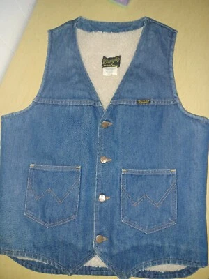 $37 • Buy Vtg Wrangler MEDIUM Denim Vest Sherpa Fleece Lined Rockabilly Copper Btns A+