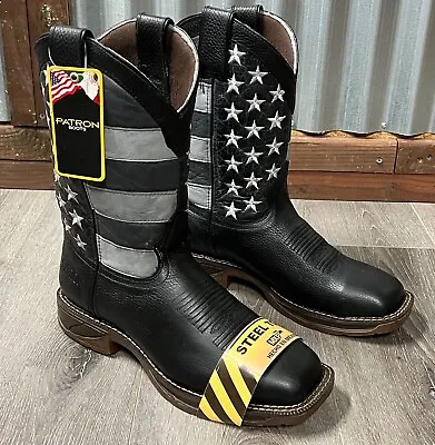 Men's Work Boots American Flag Soft & Steel Toe Square Cowboy Genuine Leather Us • $99.99