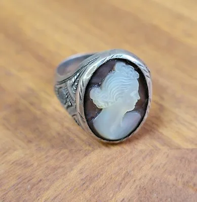 Vintage 800 Silver Mens Etched Large Cameo Ring Sz 11 • $84.99