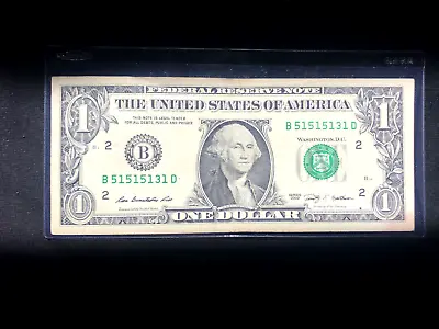 $1 US Dollar Bill Series 2009  Fancy Serial Number B51515131D 4/1s 3/5s • $19.95