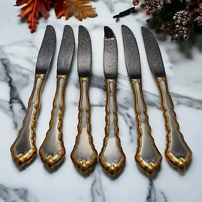 Vtg 6 Oneida Community Golden Royal Chippendale Stainless Flatware Dinner Knives • $27