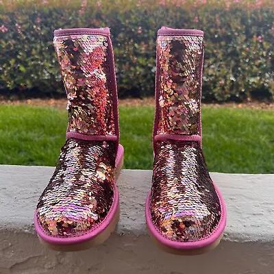 NWOB UGG 1094982 Women’s Classic Short Sequins Sparkle Pink Boots Sz 8 MSRP $195 • $122.22