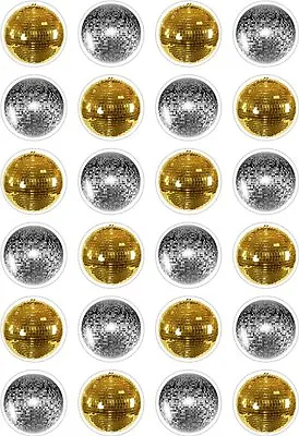 24 Gold Silver Disco Ball Glitter 70's Cup Cake Toppers Edible Rice Wafer Paper • £2.95
