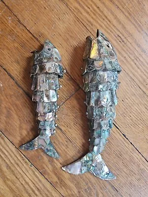 2 Vintage Mexican Abalone Mother Of Pearl Articulated Fish Bottle Openers • $45