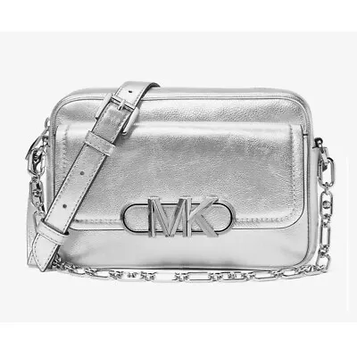 MICHAEL MICHAEL KORS Parker Medium Metallic Leather Crossbody Bag Silver • $175